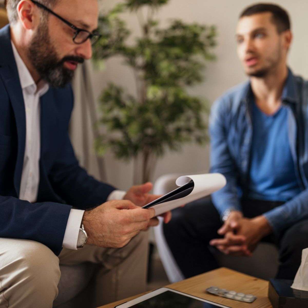 Mindful Healing Intensive Outpatient Therapy IOP in New Jersey Therapist and young man sitting and talking with the therapist reading notes on a clipboard